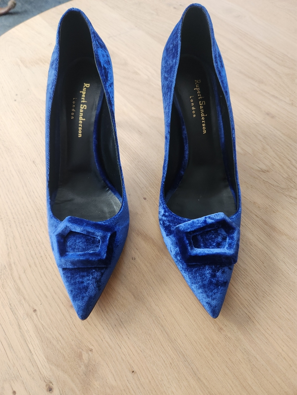 Rupert Sanderson Cobalt Blue Velvet Pointed-Toe Pumps with Geometric Buckle